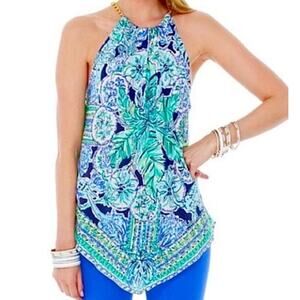 Lilly Pulitzer Silk Cabana Escape Artist Print Top Tunic Size Small Floral Gold